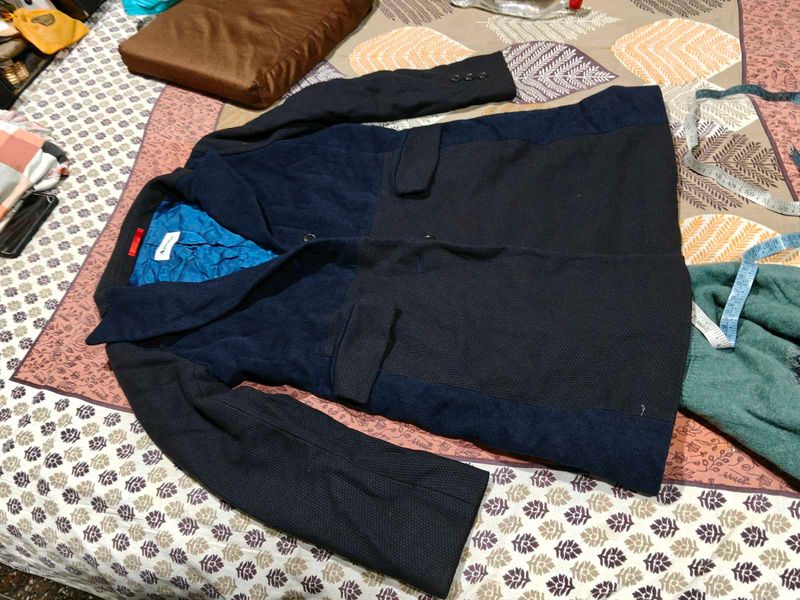 Men's Navy Blue Textured Blazer winter long korean