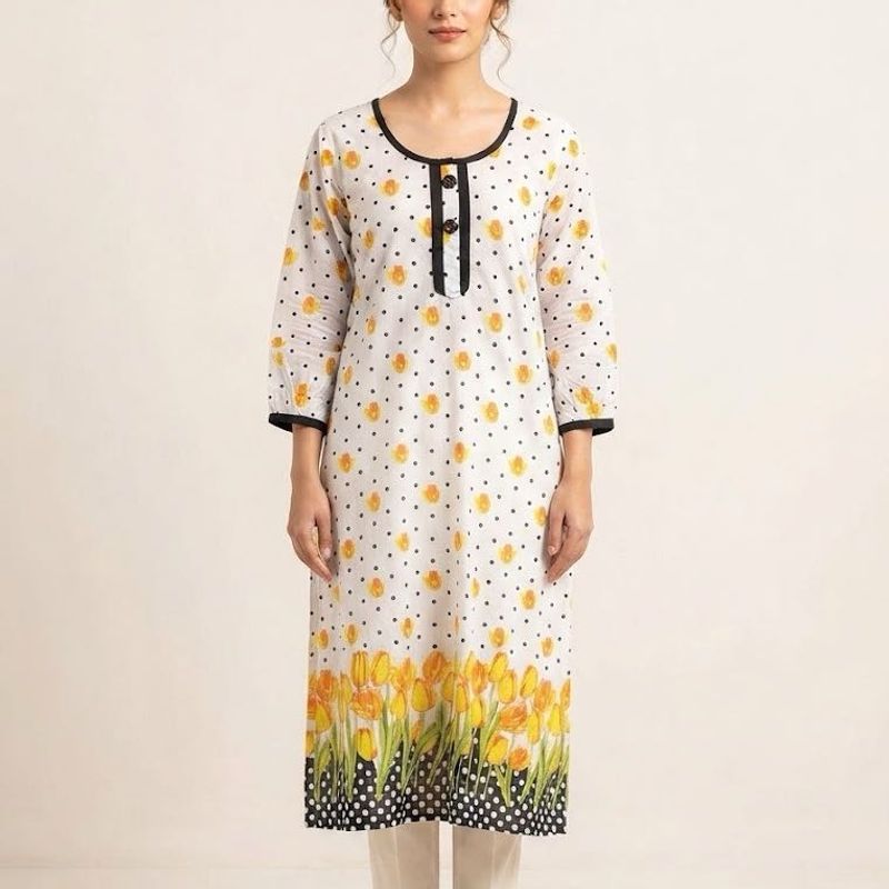 White Kurta with Floral Print