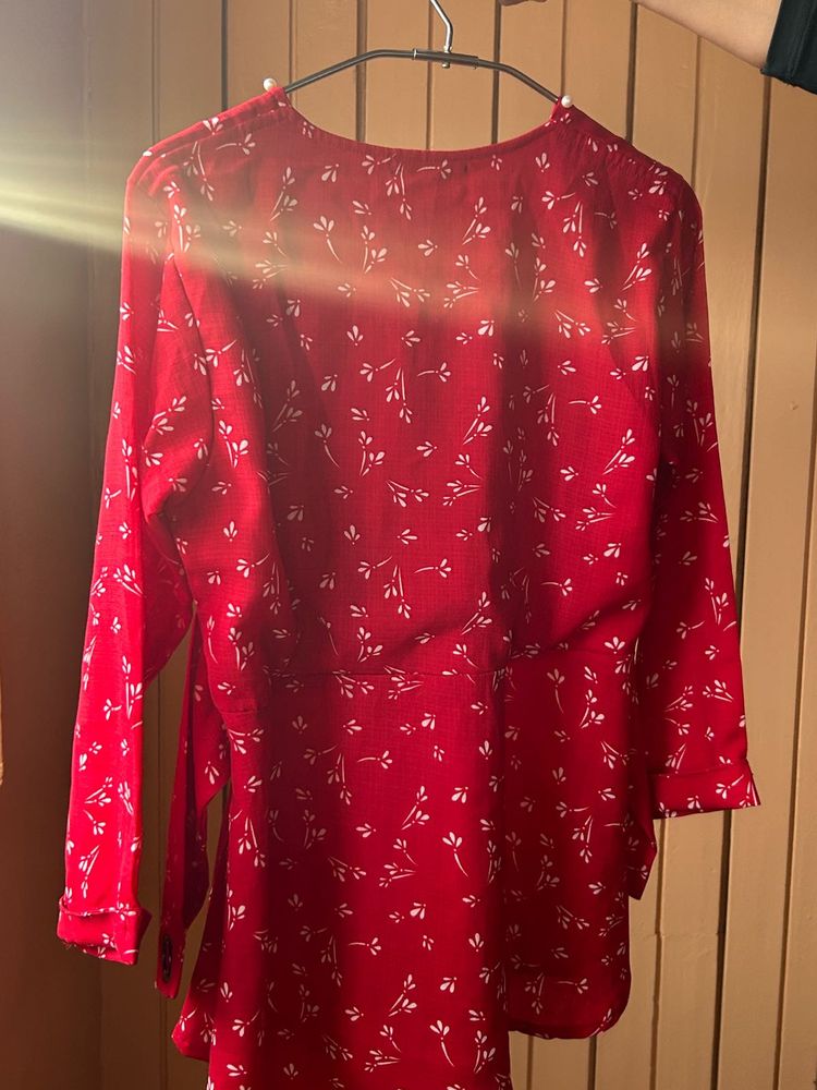 Red Floral Wrap Top