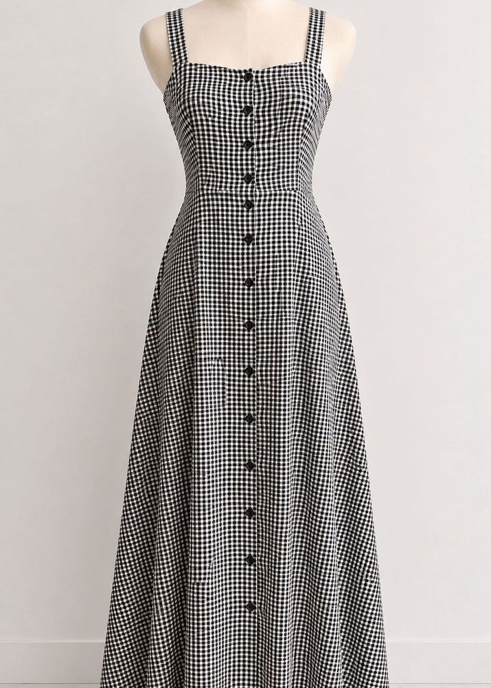 Black and White Gingham Button-Front Maxi Dress