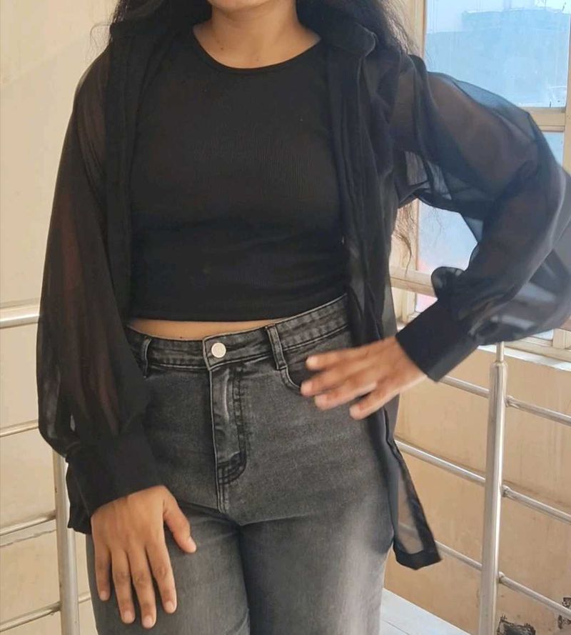 Stylish Black Crop Top &amp; Sheer Shirt