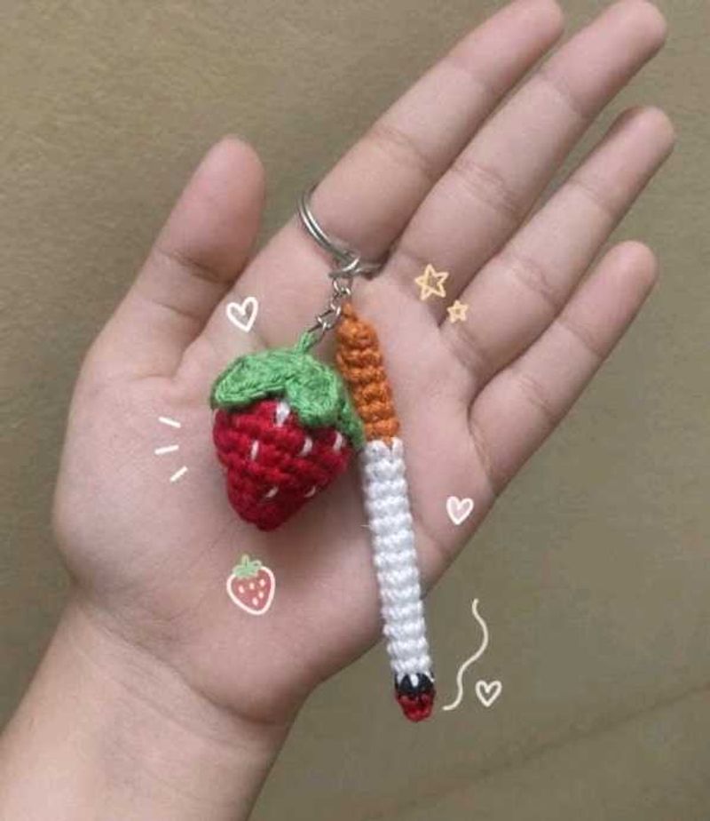 Crochet Strawberry &amp; Cigarette Keychain
