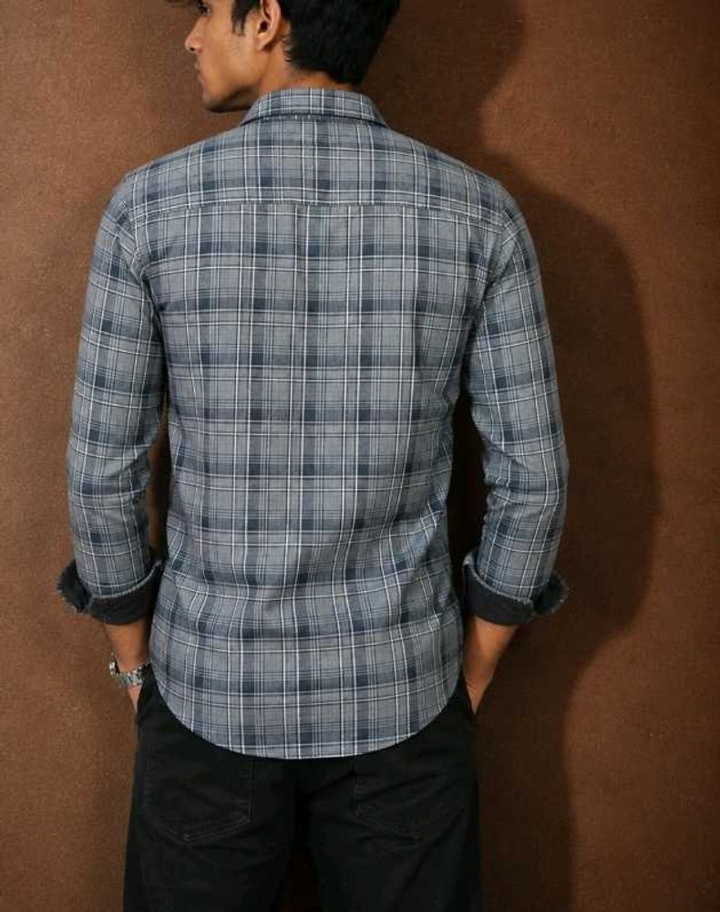 Men's Grey Checked Cotton Casual Shirt - Size M(ch