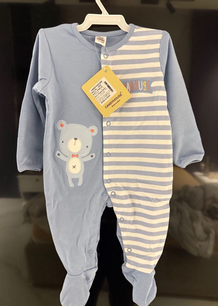 Baby Blue Teddy Bear &amp; Stripe Footie Pajamas