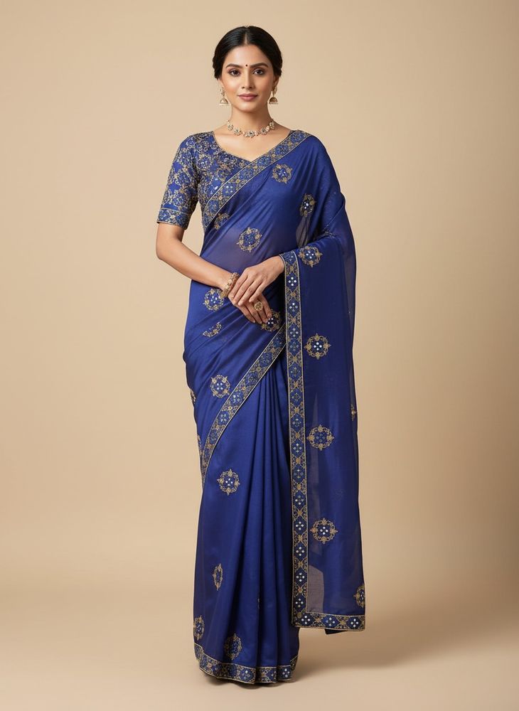 Royal Blue Embroidered Saree with Blouse