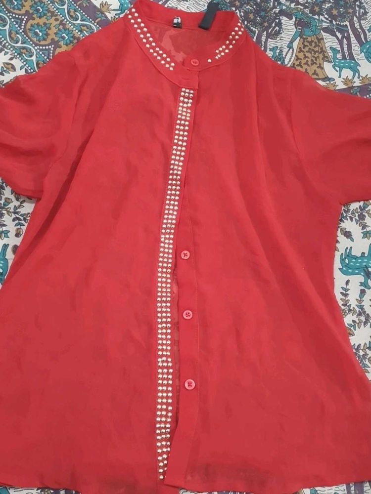 Chic Red Embellished Blouse