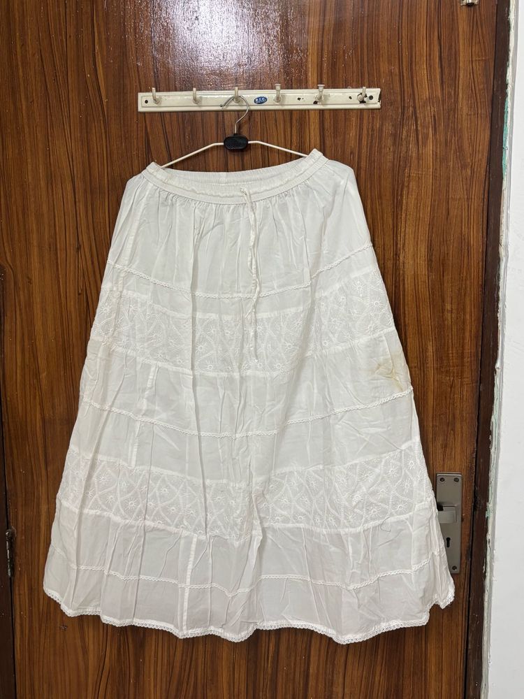 White Embroidered Tiered Cotton Skirt