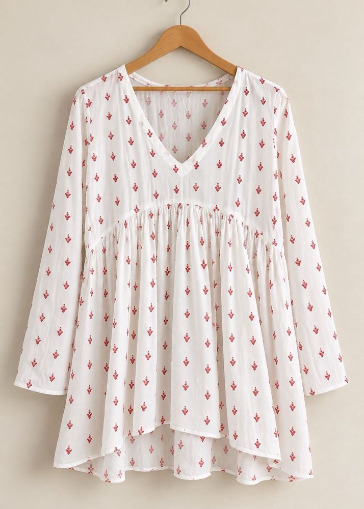 White &amp; Red Floral Printed Babydoll Tunic | Full-S