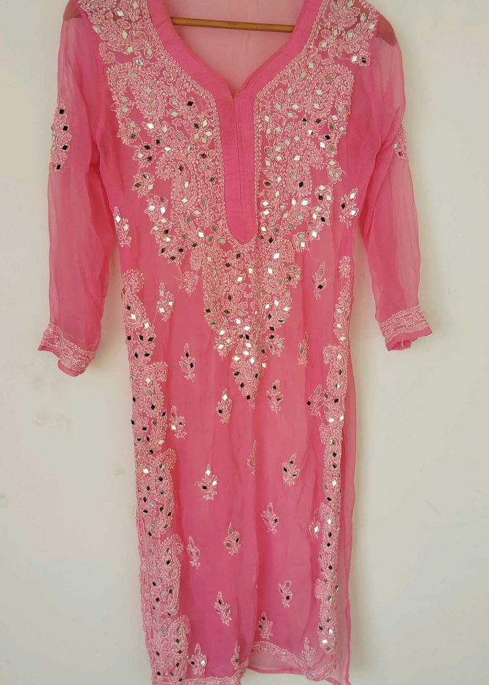 Pink Mirror Work chickenkari kurti