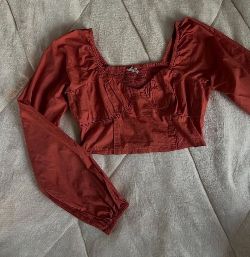 Rust Square Neck Long Sleeve Top