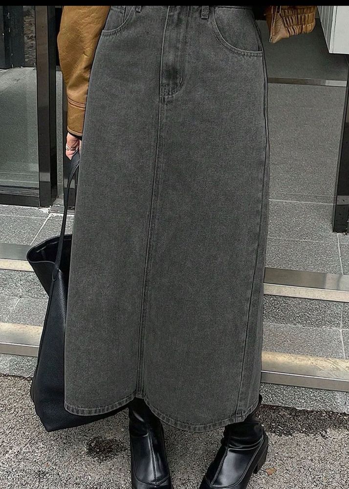 Stylish Brown Faux Leather Jacket &amp; Denim Skirt