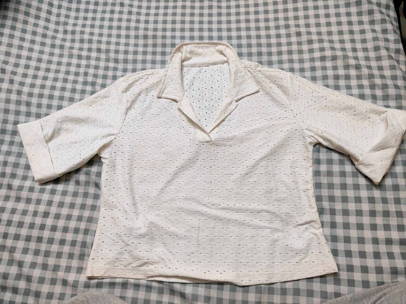 White Textured Short Sleeve Top