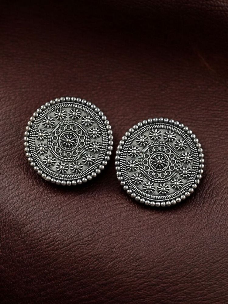 Oxidised Silver Round Ethnic Earrings