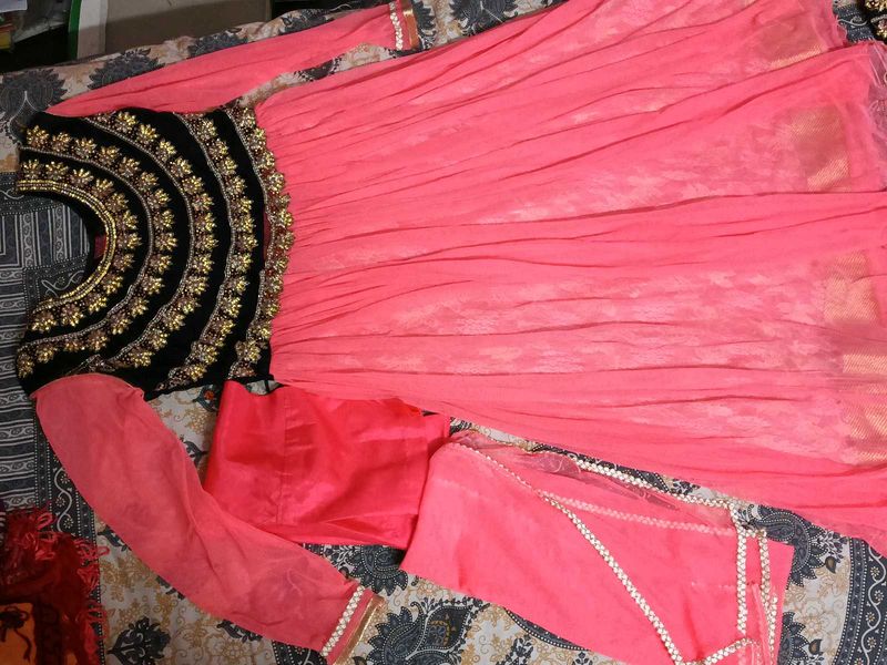 Elegant Pinkstone And Beads Work Anarkali Suit