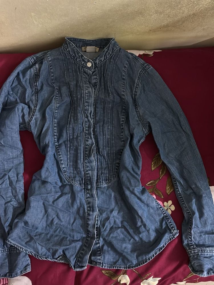 Denim Pleated Button-Up Shirt