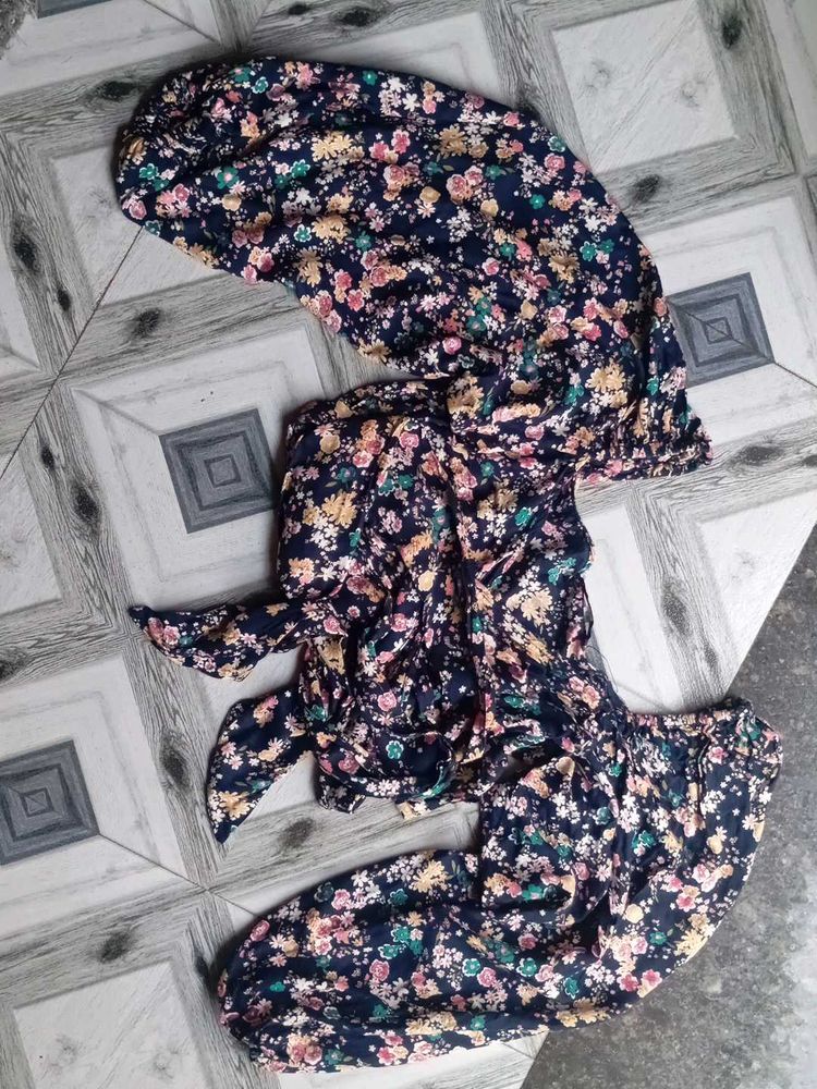 Navy Floral Print Wrap-top