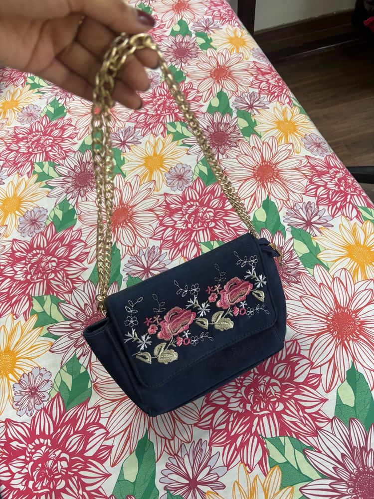 Embroidered Navy Blue Crossbody Bag