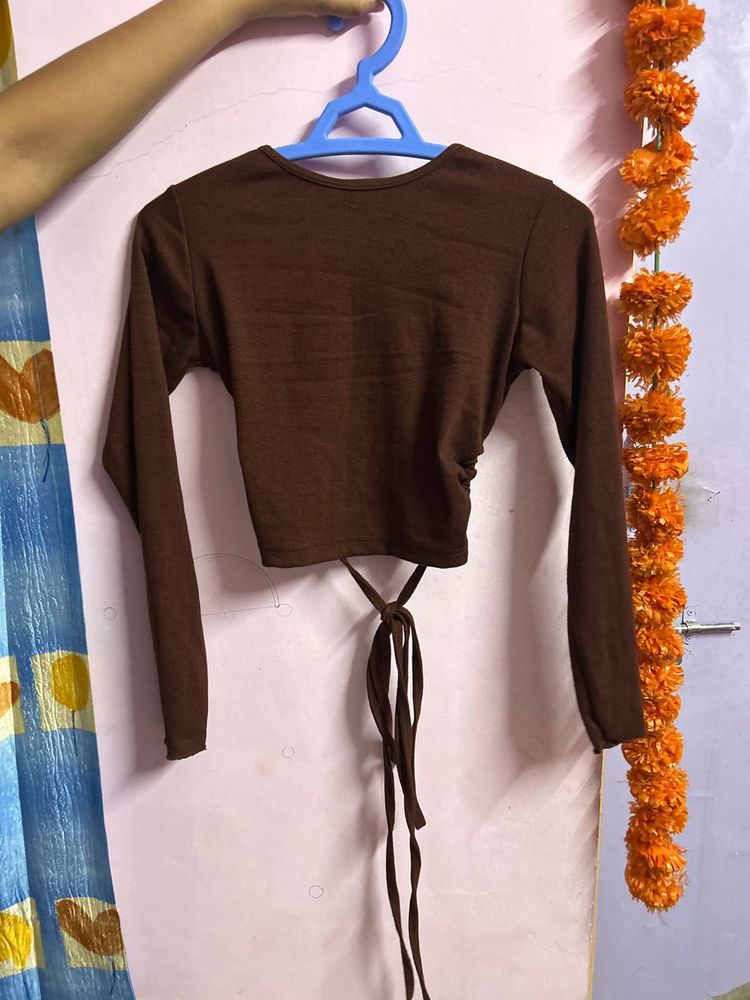 Brown Tie-Back Long Sleeve Crop Top