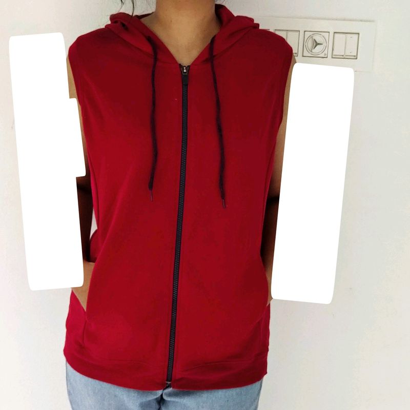 Sleeveless Dark Red Zipper Hoodie XL Size Women
