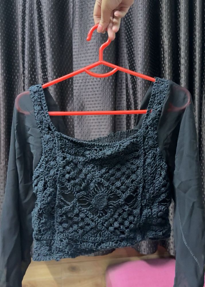 Crochet Crop Top with Sheer Sleeves