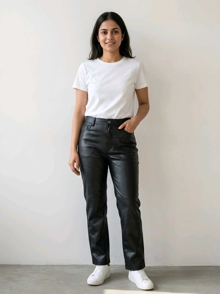Mango L Stylish Black Faux Leather Pants