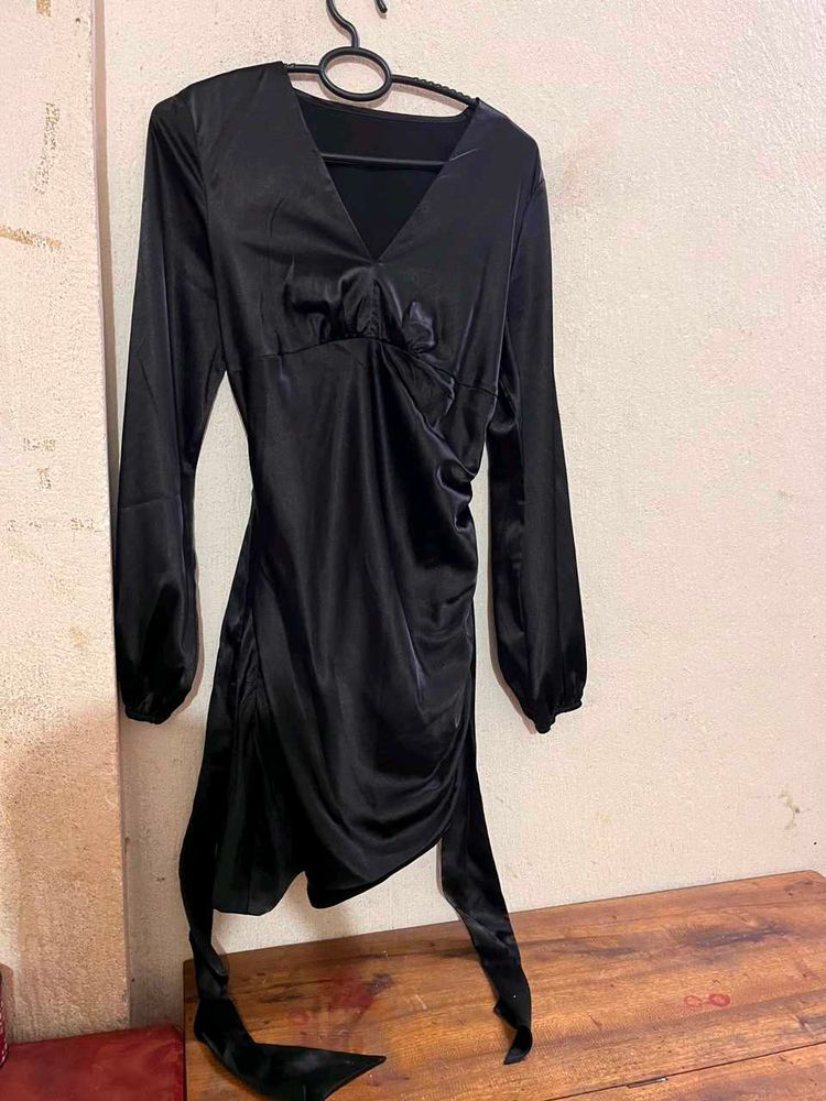 Sleek Black Satin V-Neck Dress