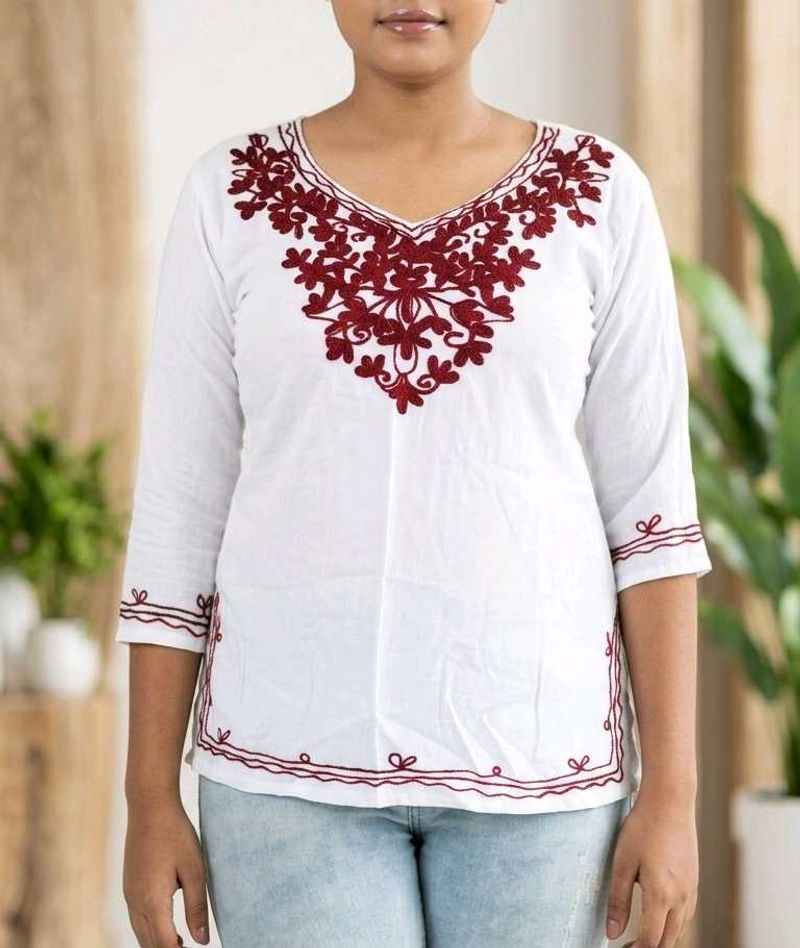 White Kurta with Maroon Embroidery