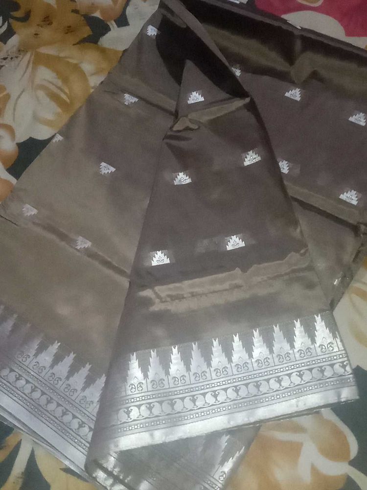Elegant Brown Saree with Silver Border