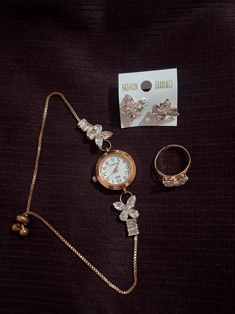 Elegant Women's Watch, Ring &amp; Earrings Set