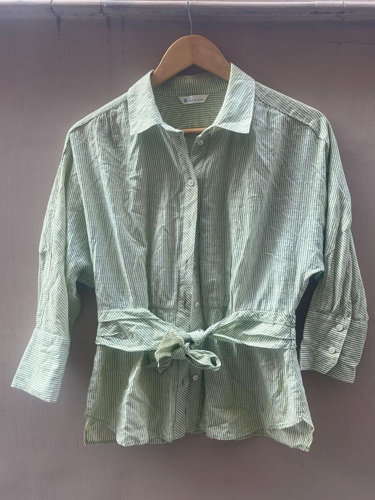 Striped Tie-Waist Button-Up Shirt