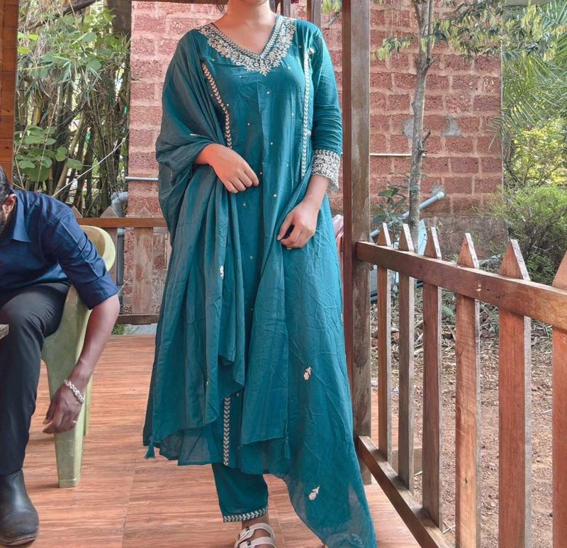 Teal Embroidered Kurta Set with Dupatta