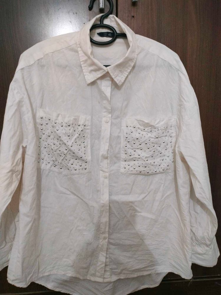 White Studded Pocket oversized Shirt