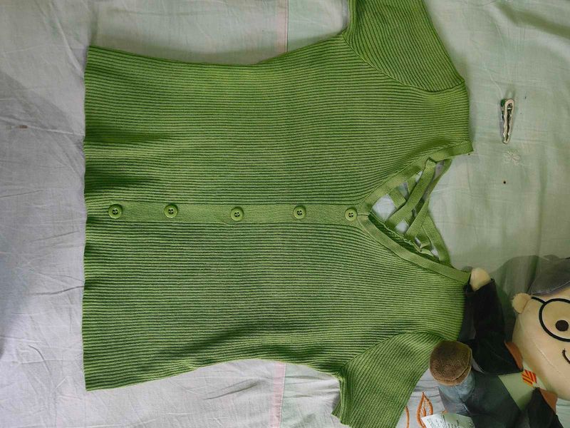 Green Ribbed Button-Up Top