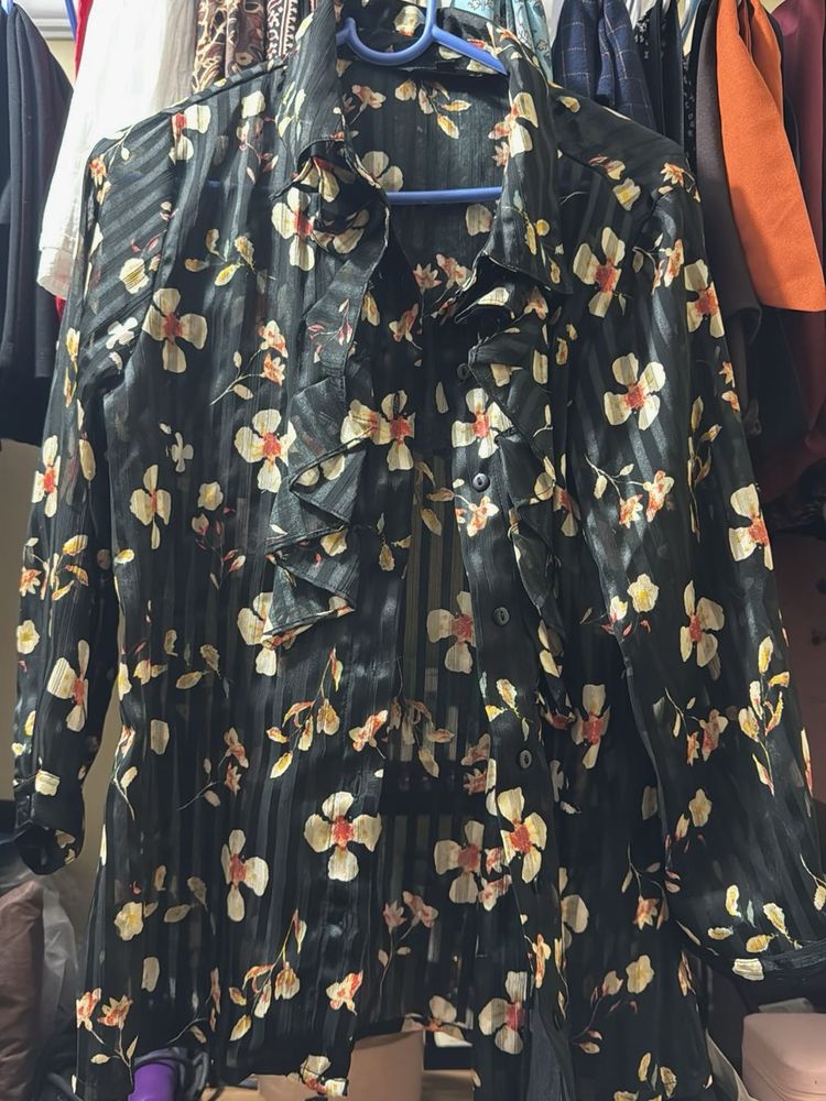 Sheer Floral Print Button-Up Blouse