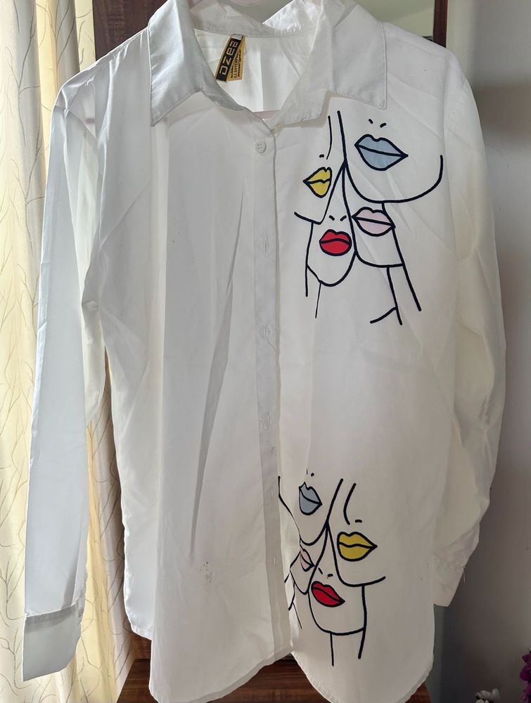 White Graphic Print Button-Up Shirt
