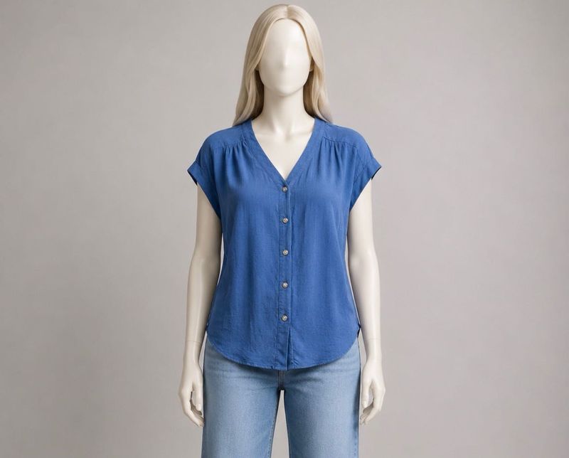 Blue V-Neck Button-Up Blouse