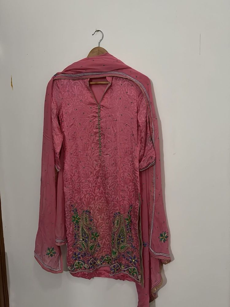 pure crepe Elegant Pink Kurta Set with Dupatta