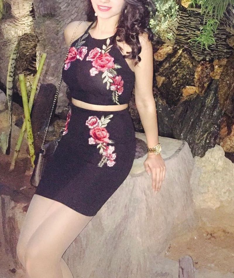 Black Floral Patch Crop Top &amp; Skirt Set