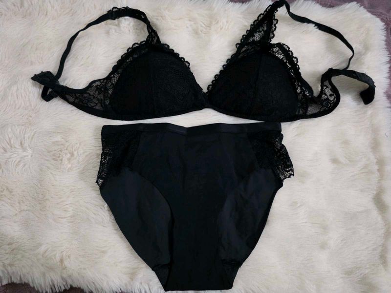 Zudio Black Lace Trim Bra &amp; Brief Set