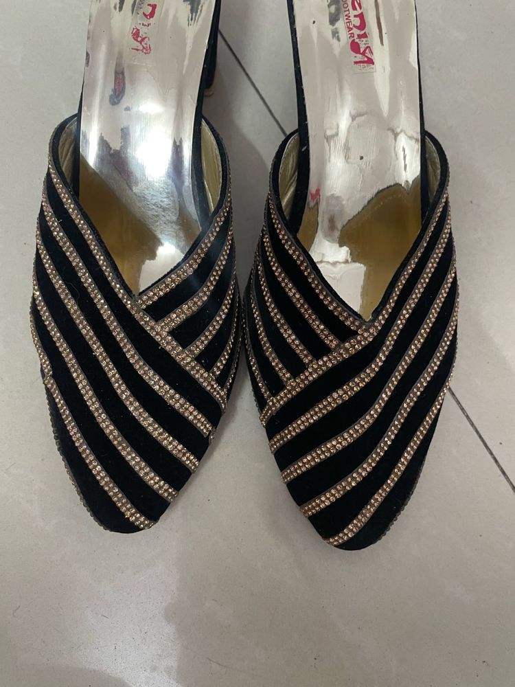 Embellished Black Velvet Mules