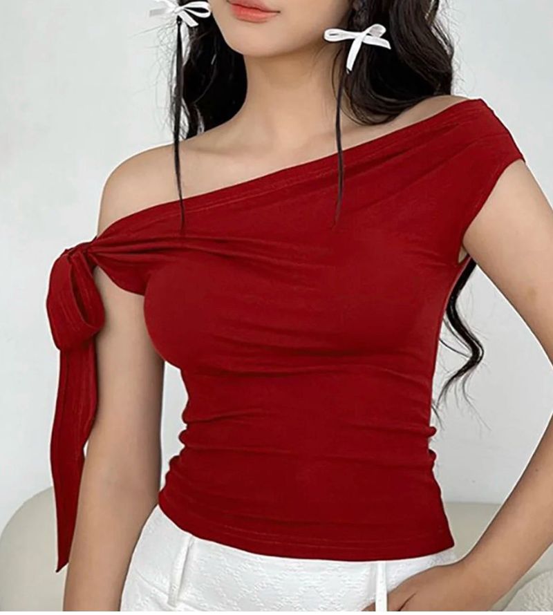 Off-Shoulder Red Top with Tie Detail