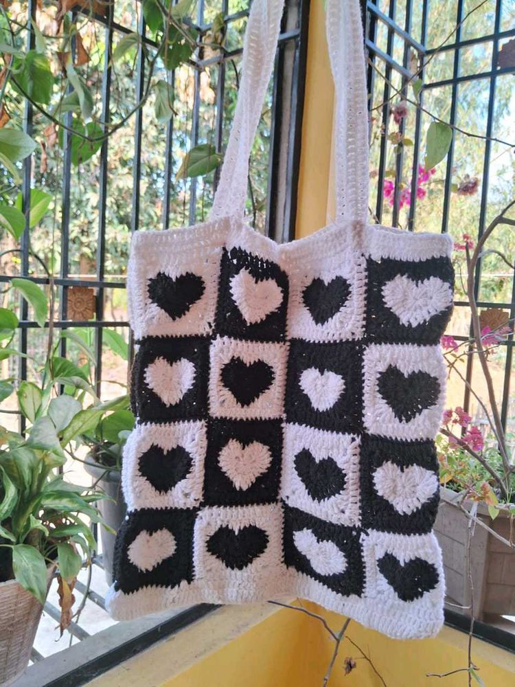 Crocheted Heart Tote Bag