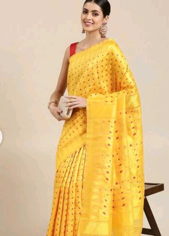 Vibrant Yellow Saree with Red Accents dhakai jamda