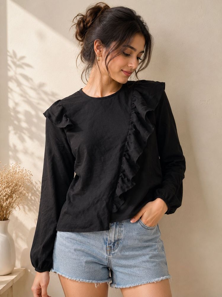 Black Ruffle Detail Long Sleeve Top