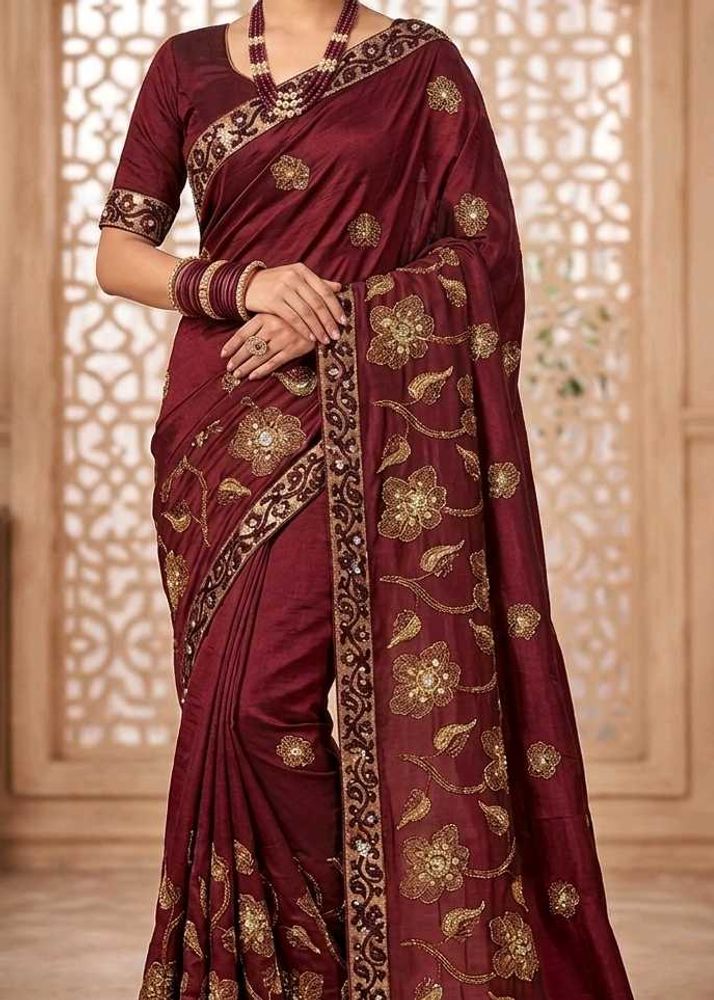 Maroon Embroidered Saree with stitched blouse