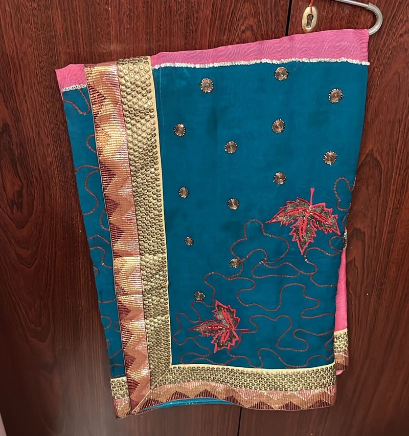 Teal &amp; Pink Embellished Saree