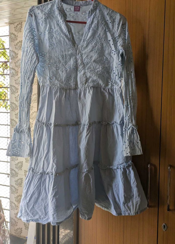 Light Blue Embroidered Tiered Dress
