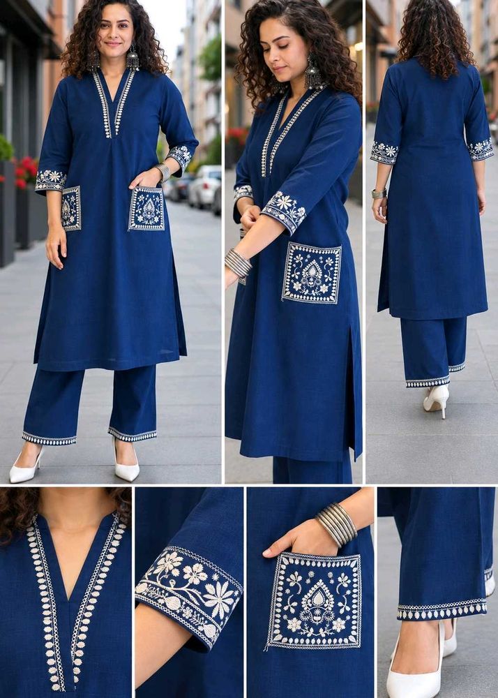 Navy Blue Floral Embroidered Kurta Set