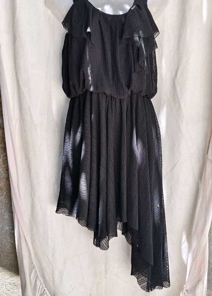 20194. Chic Black Ruffle Cold Shoulder Dress