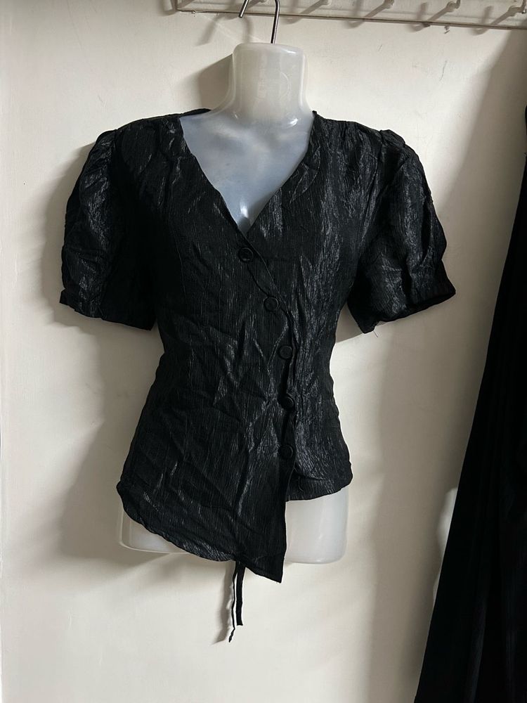 Black Textured V-Neck Top
